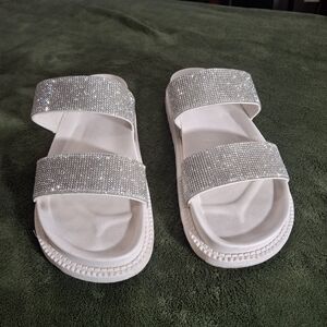 Catherine Malandrino White Slide Sandals with Rhinestone Straps